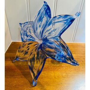 Hand Blown Art Glass Lily Flower Cobalt Blue  8" Sculpture